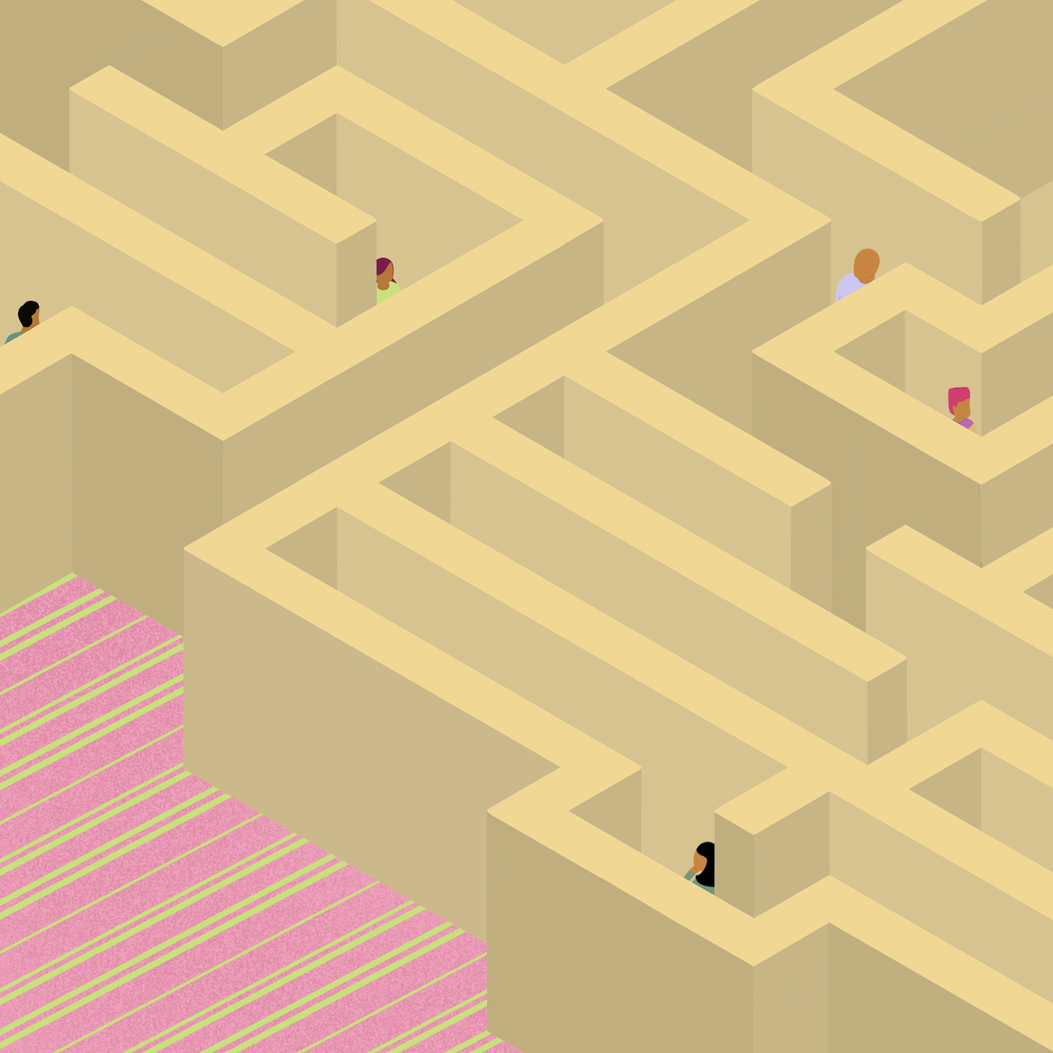 an isometric illustration of people lost in a rat race