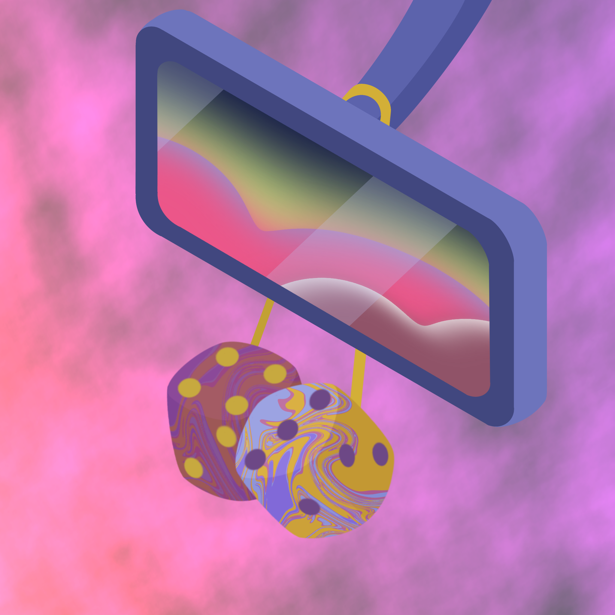 an isometric illustration of dices hanging from a rearview mirror